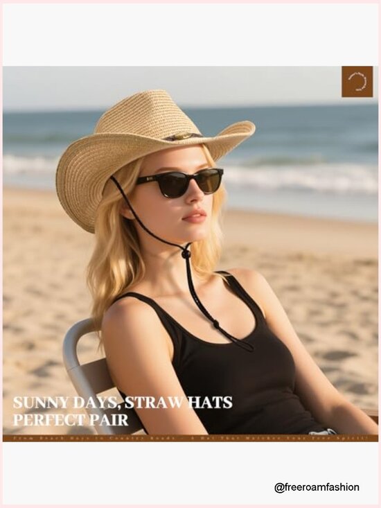Wide Brim Straw Cowboy Hat with Chin Strap for Sun Protection
